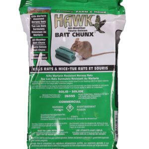 HAWK RODENTICIDE IS A SPECIALLY FORMULATED INTERIOR / EXTERIOR BAIT USED BY PROFESSIONALS TO QUICKLY REDUCE MOUSE AND RAT POPULATIONS. WAX COATED BLOCKS ENSURE MOISTURE WILL NOT COMPROMISE THE INGREDIENTS. CONTAINS BROMADIALONE.