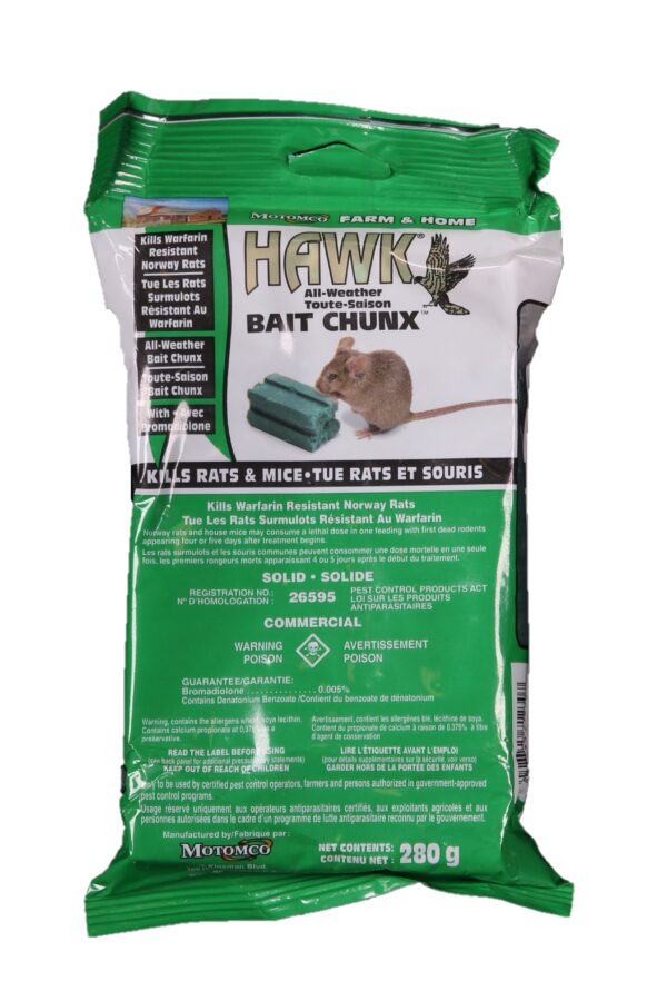 HAWK RODENTICIDE IS A SPECIALLY FORMULATED INTERIOR / EXTERIOR BAIT USED BY PROFESSIONALS TO QUICKLY REDUCE MOUSE AND RAT POPULATIONS. WAX COATED BLOCKS ENSURE MOISTURE WILL NOT COMPROMISE THE INGREDIENTS. CONTAINS BROMADIALONE.