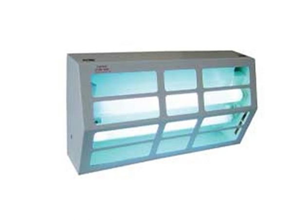 UV INSECT AND FLY LIGHT WITH GLUE BOARDS FOR ATTRACTING AND KILLING FLIES IN KITCHENS AND RESTAURANTS.